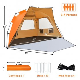 Costway 3-4 Person Easy Pop Up Beach Tent UPF 50Plus Portable Sun Shelter Orange