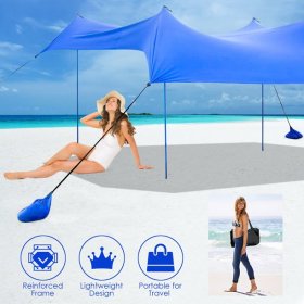 Costway Family Beach Tent Canopy w/ 4 Poles Sandbag Anchors 10'x9' UPF50+ Blue