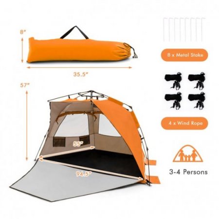 Costway Pop-up Beach Tent Portable Beach Shade for 3-4 Persons UPF 50+ Protection Orange