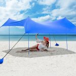 Costway Family Beach Tent Canopy w/ 4 Poles Sandbag Anchors 10'x9' UPF50+ Blue