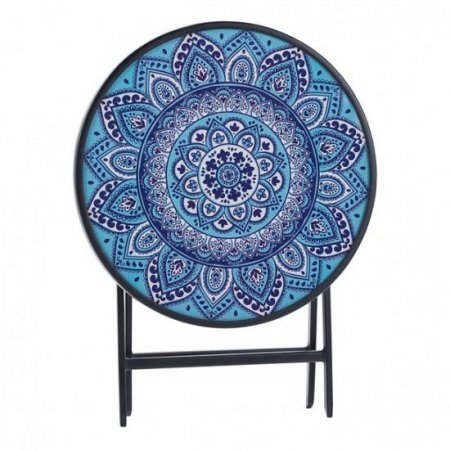 Mainstays Greyson 18 Round Glass-Top Folding Side Table, Blue Medallion