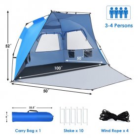 Costway 3-4 Person Easy Pop Up Beach Tent UPF 50Plus Portable Sun Shelter Blue