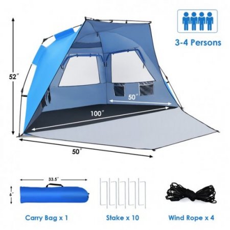 Costway 3-4 Person Easy Pop Up Beach Tent UPF 50Plus Portable Sun Shelter Blue