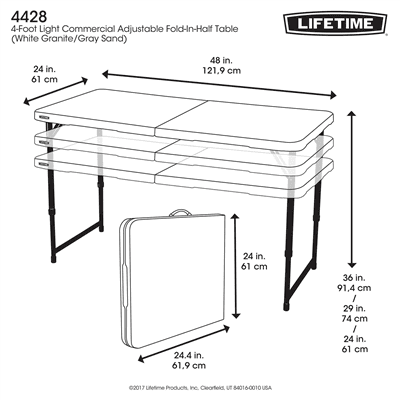 Lifetime 4' Fold-In-Half Adjustable Table, White Granite